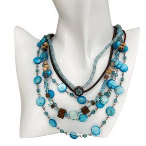 Layered Beaded Necklaces Set With Turquoise Brown & Blue Accents Adjustable Chai